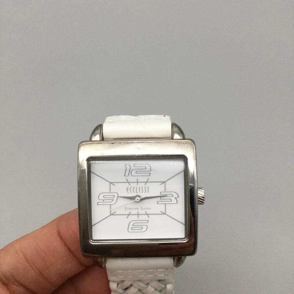 Ecclissi Womens Watch 30mm Sterling Silver White Leather Band 23285 New Battery